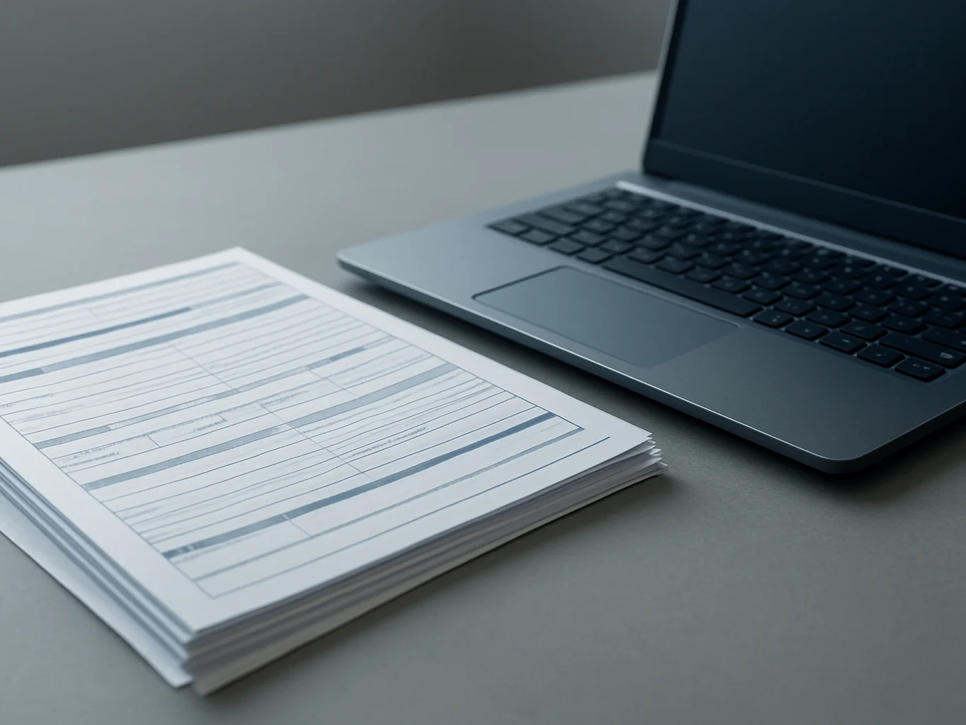 Close detail of paper forms and a laptop on a neutral desk, soft daylight, cool navy and stone tones, shallow depth of f