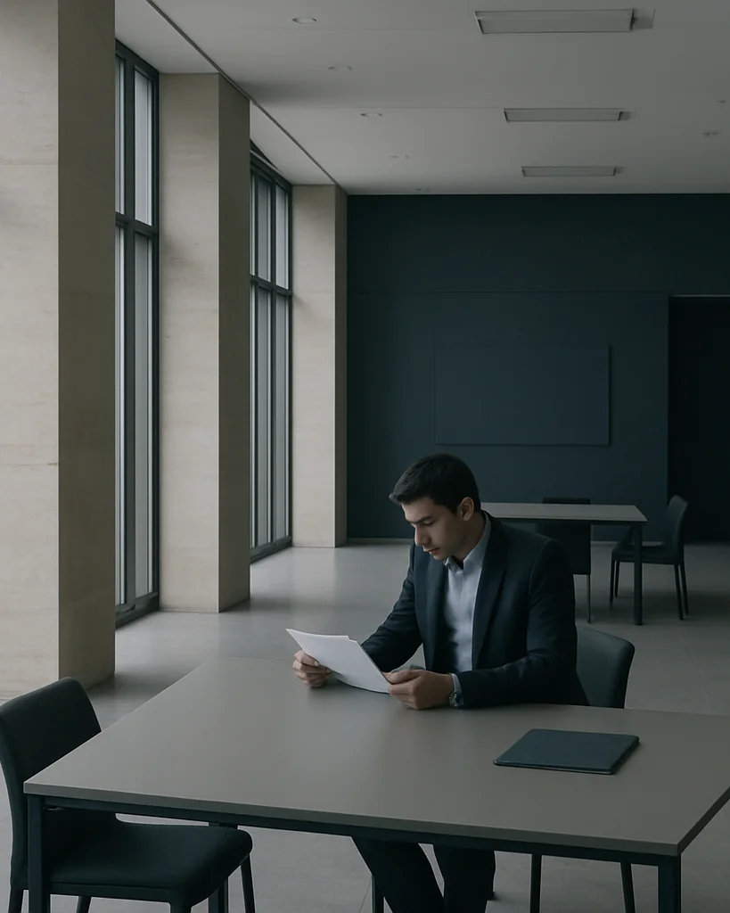 Wide, calm architectural interior of a contemporary civic office